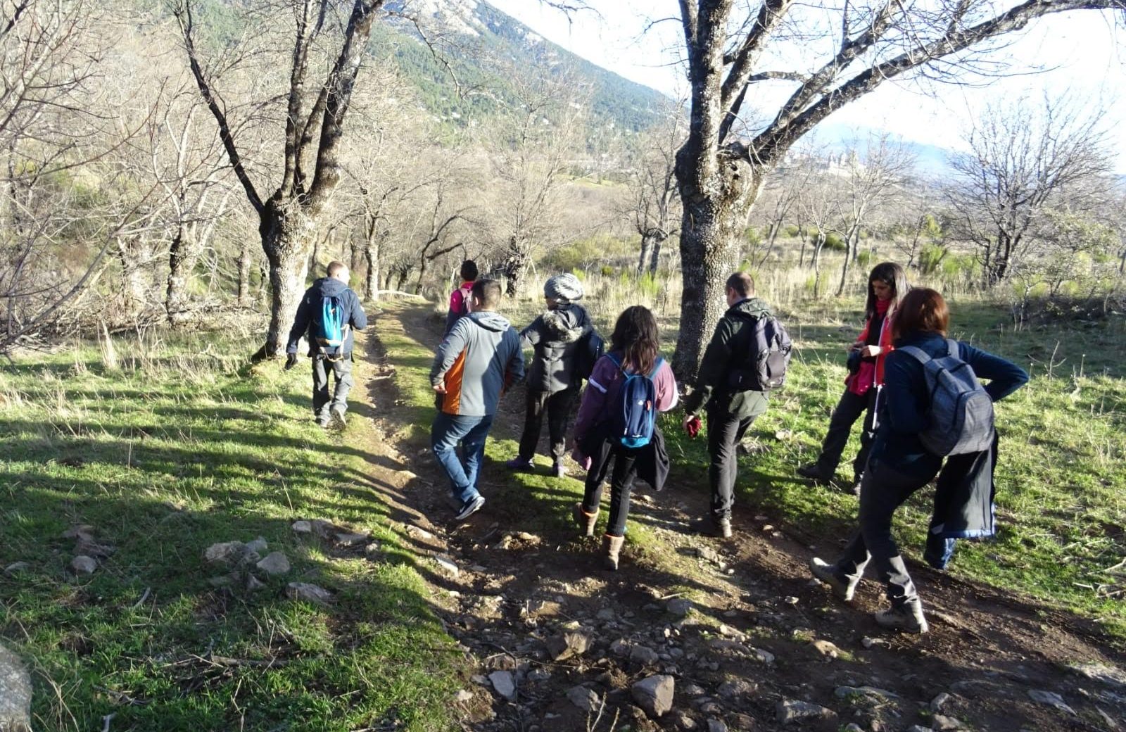 Grupo caminando por sendero montañoso al amanecer